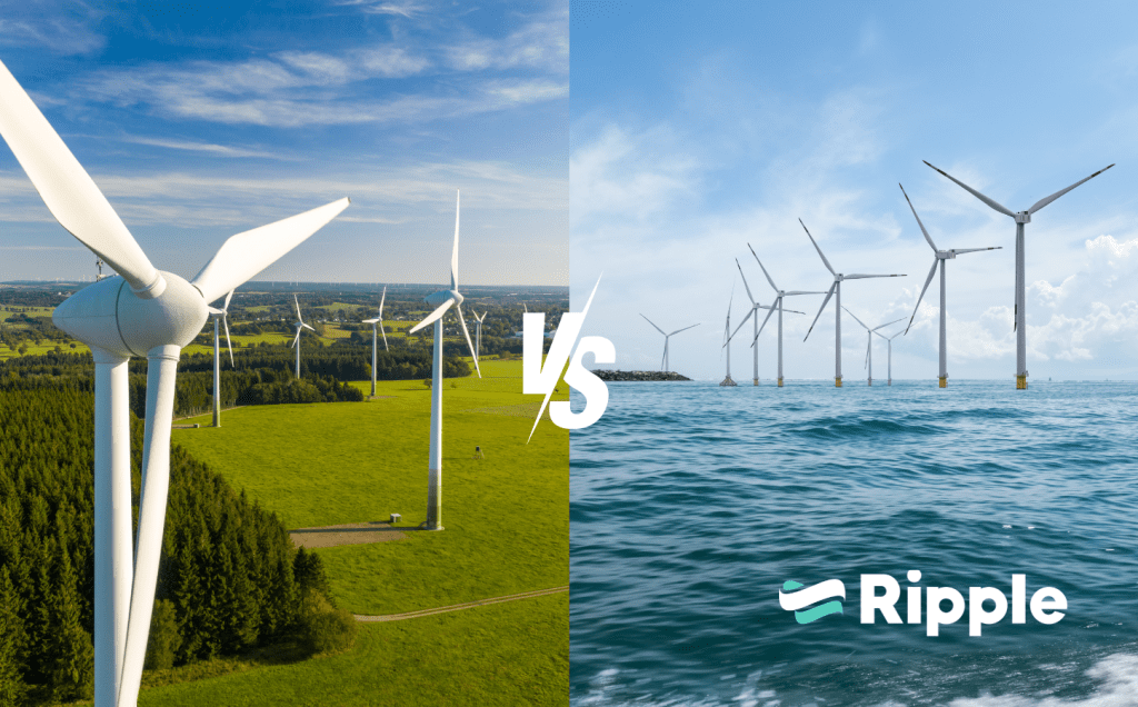 Onshore or Offshore wind farms shown next to eachother to introduce blog about comparison of both.