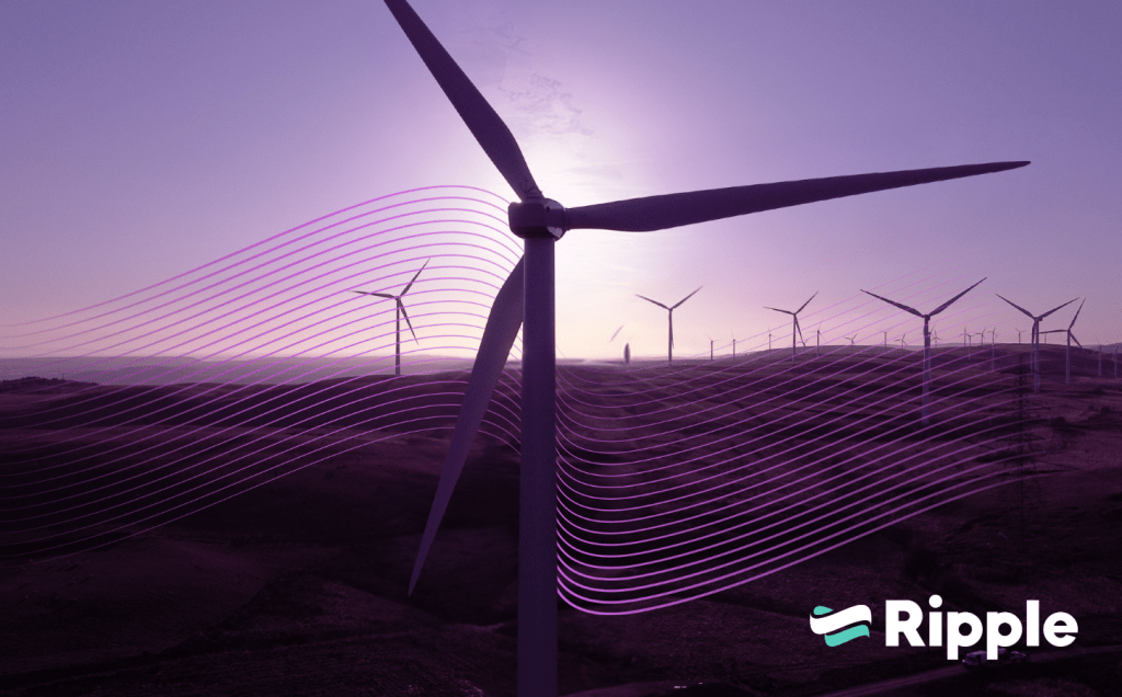 wind turbine at Ripple's people-owned wind farm, Graig Fatha shown with a sunset background. Purple wave behind turbine in foreground. RIpple logo bottom right.