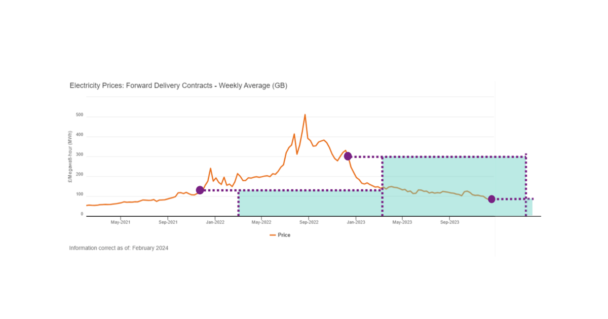 Electricity prices graph of electricity price with purple dots outlining when the Graig Fatha prices were fixed.